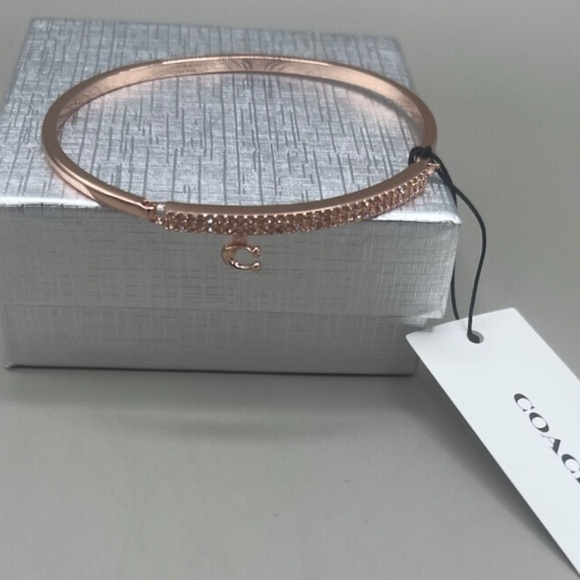 COACH Signature Pave C-Bar Bangle Bracelet In Rose Gold & Cubic Zirconia NEW - Picture 4 of 8